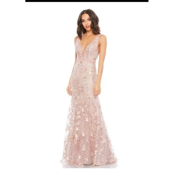 Mac Duggal 67481 Floral‎ Embellished Sleeveless Plunge Neck Gown Rose Pink Sz 14 - Picture 1 of 16